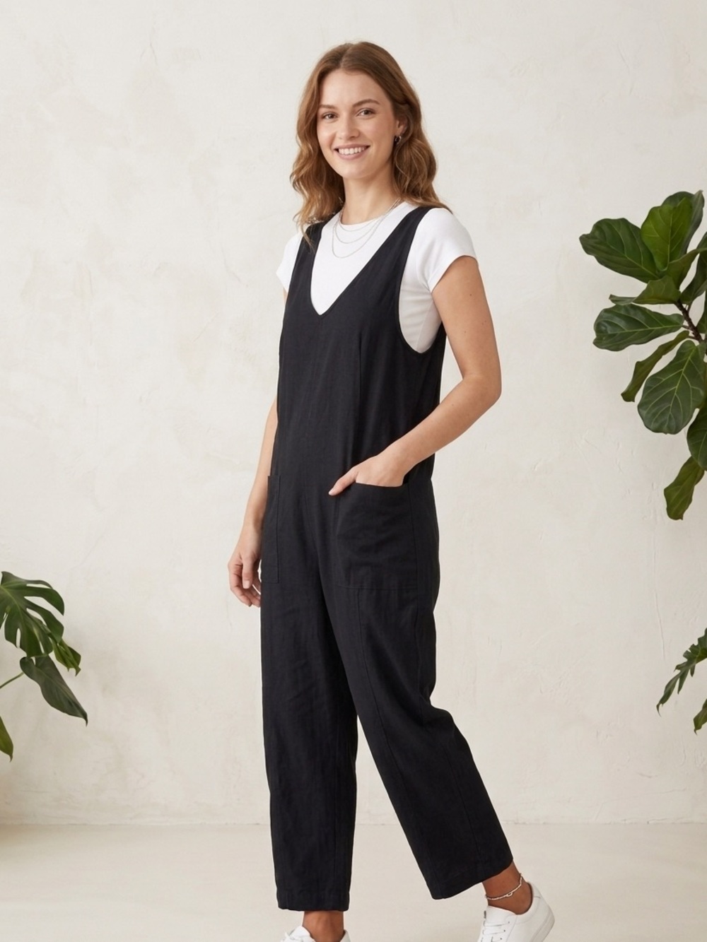 C'Isa Black Cotton Wide Leg Jumpsuit Sleeveless Scoop Neck Minimalist Romper Lrg